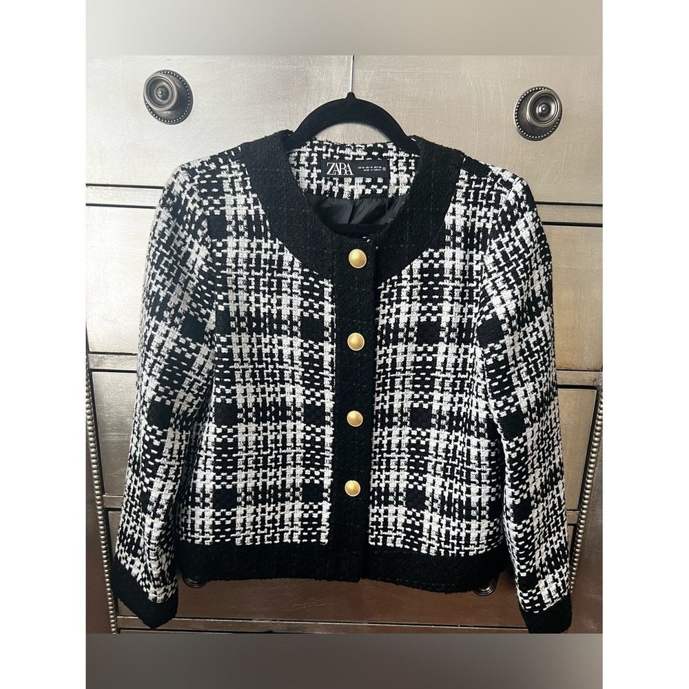 Zara Black & White Tweed Blazer with Gold Buttons